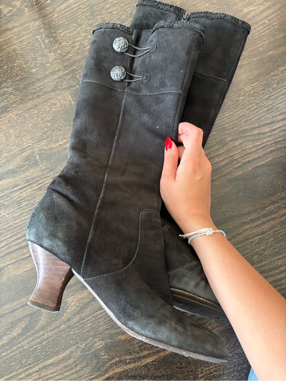 Naya Black High Suede Boots with Button Detail